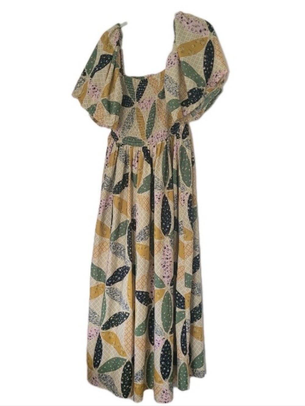 Patchwork Print Smocked Boho Maxi Dress Size L Dlowy Modest Cottagecore Prairie